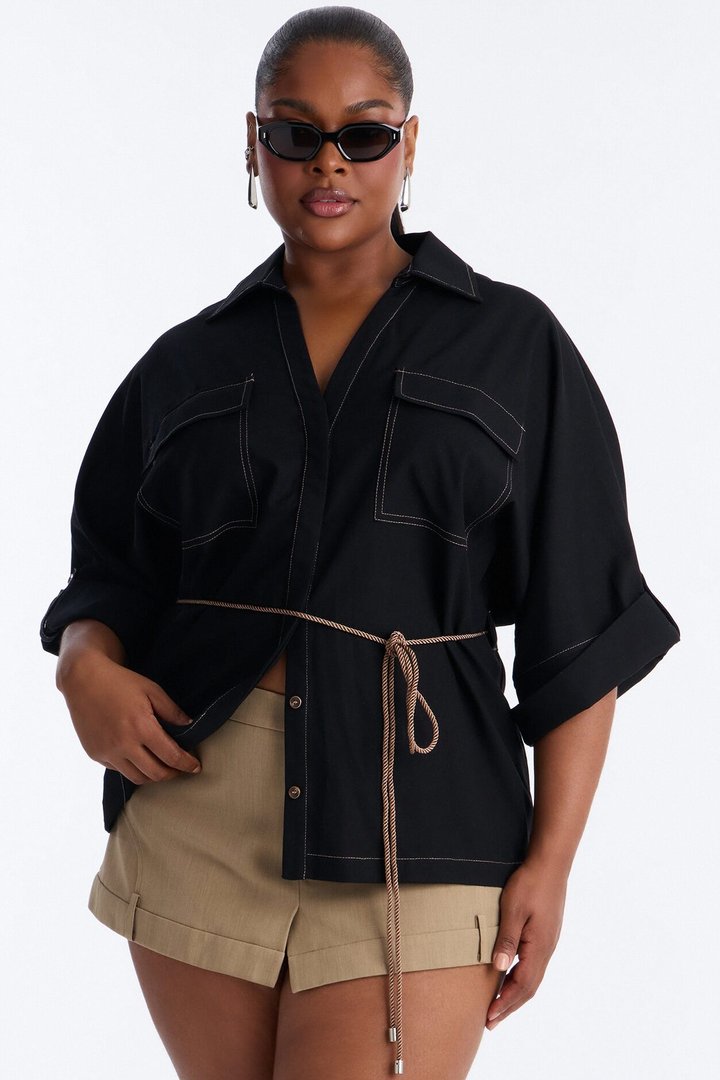 Casual Class Belted Linen Shirt - Black