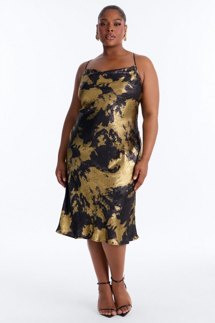 Elya Metallic Satin Midi Dress - Black/Gold