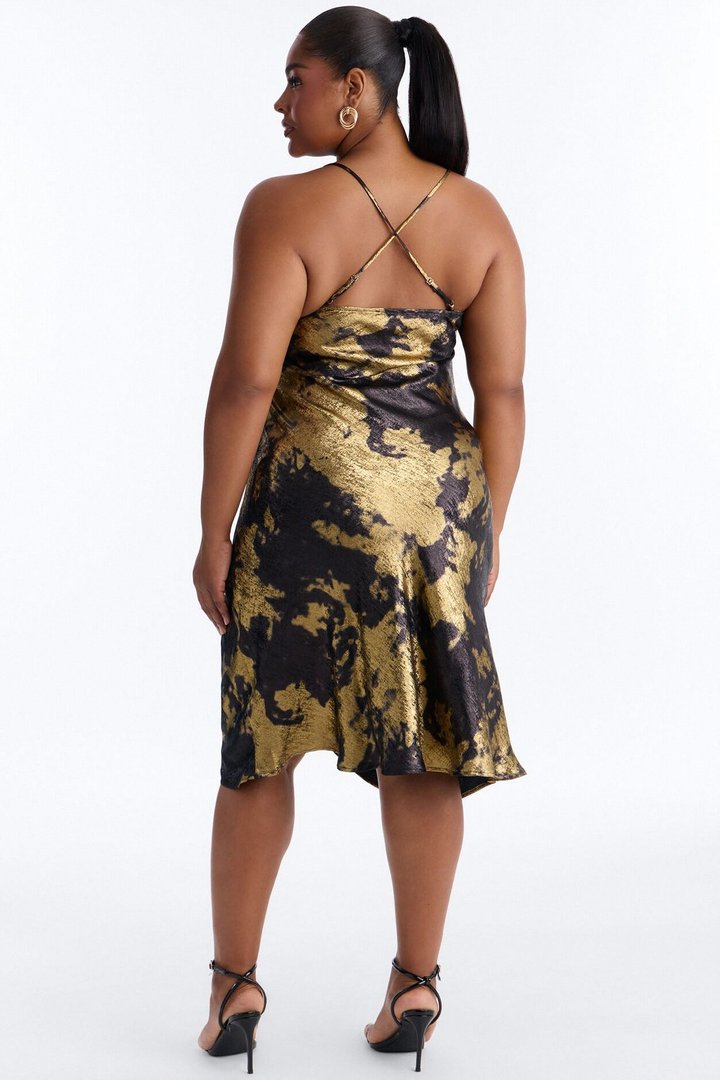 Elya Metallic Satin Midi Dress - Black/Gold