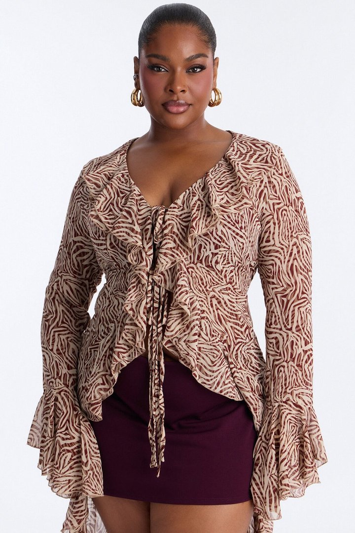 Leona Long Ruffle Chiffon Flyaway Top - Red/combo