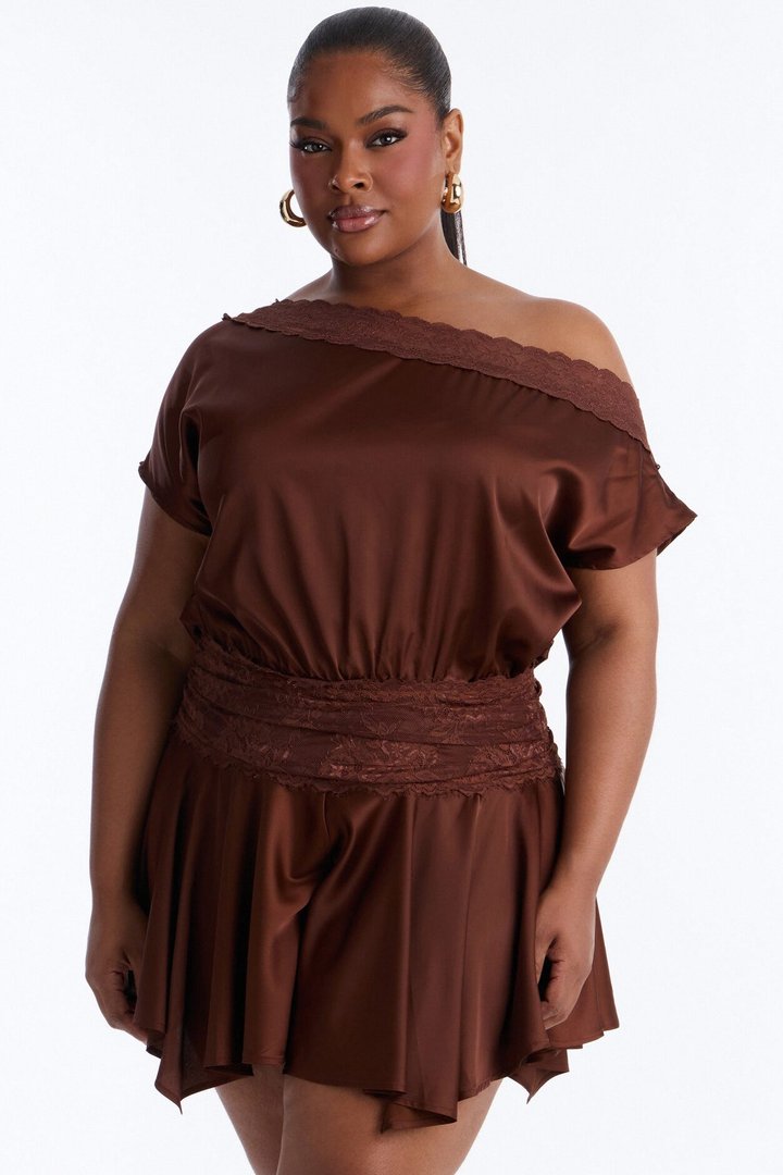 Irina Satin Off Shoulder Lace Romper - Chocolate