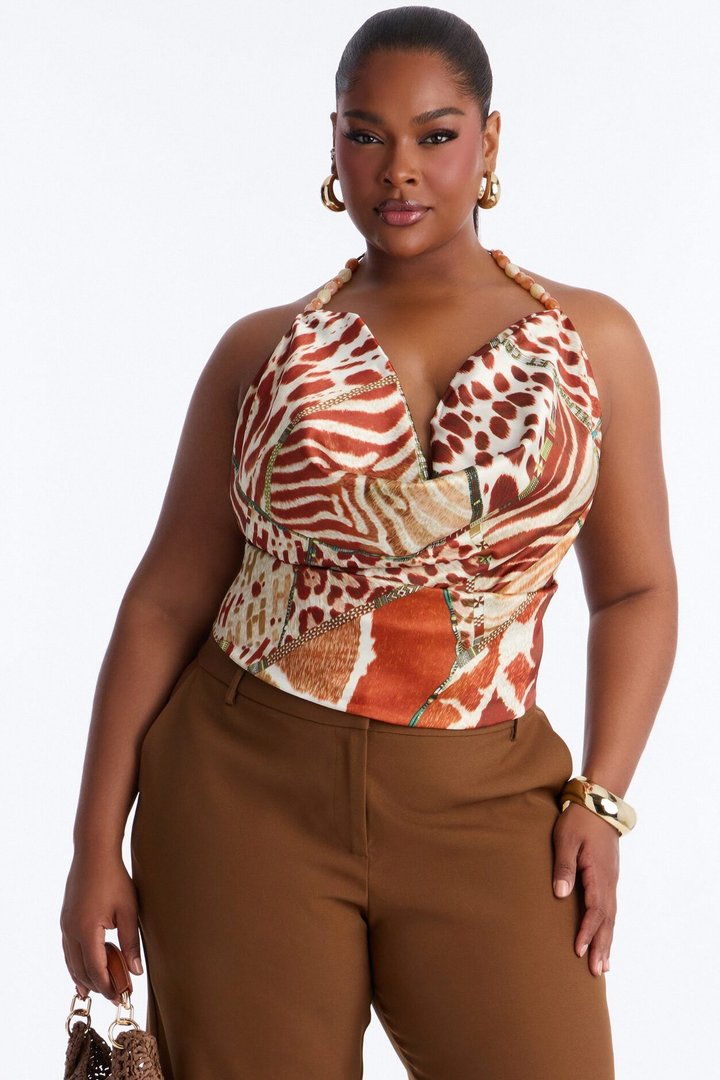 Lost In The Jungle Beaded Satin Halter Top - Multi Color