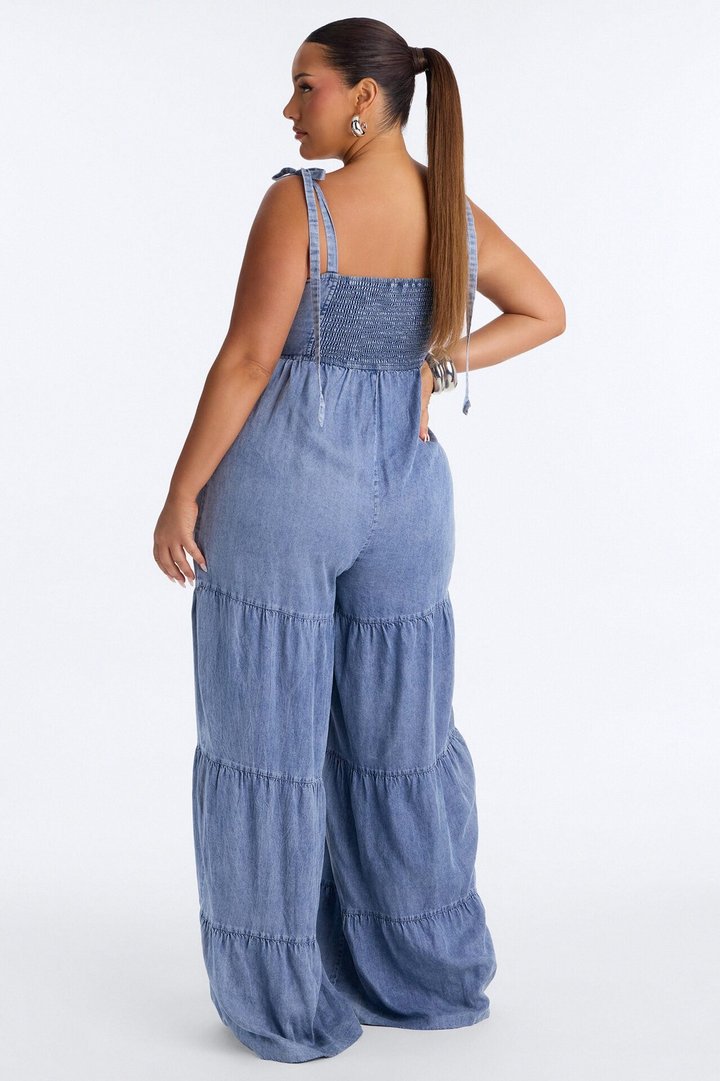 Keep Up Chambray Tiered Jumpsuit - Medium Wash