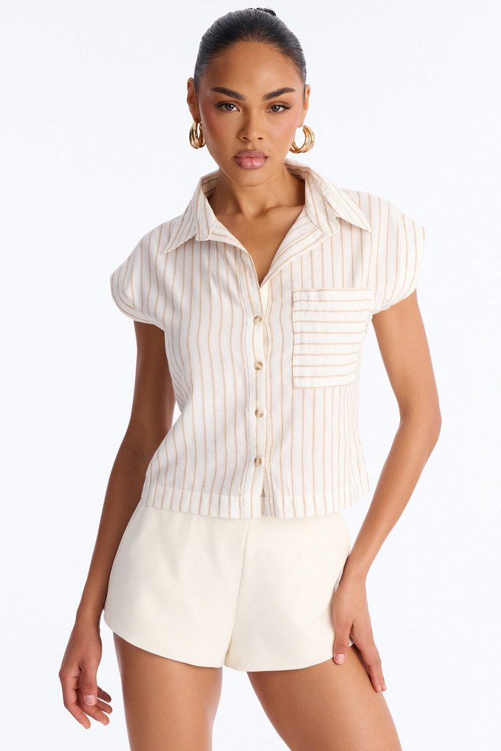 Isabelle Pinstripe Short Sleeve Button Up Shirt - Taupe