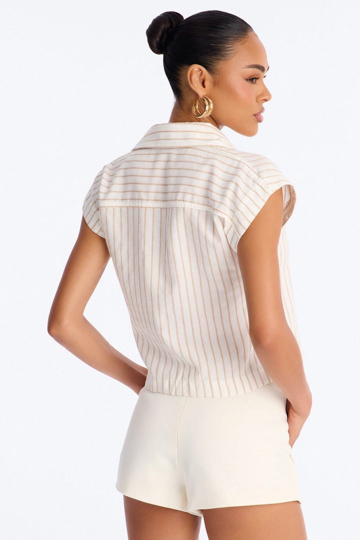 Isabelle Pinstripe Short Sleeve Button Up Shirt - Taupe