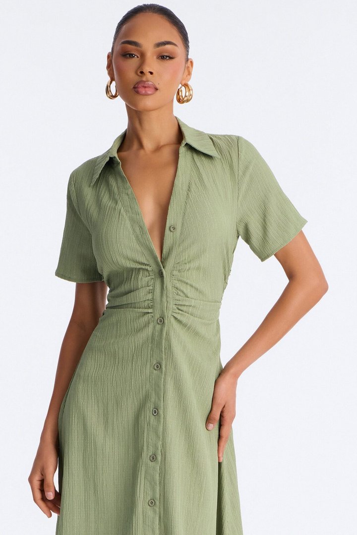 Carmen Ruched Shirt Midi Dress - Olive