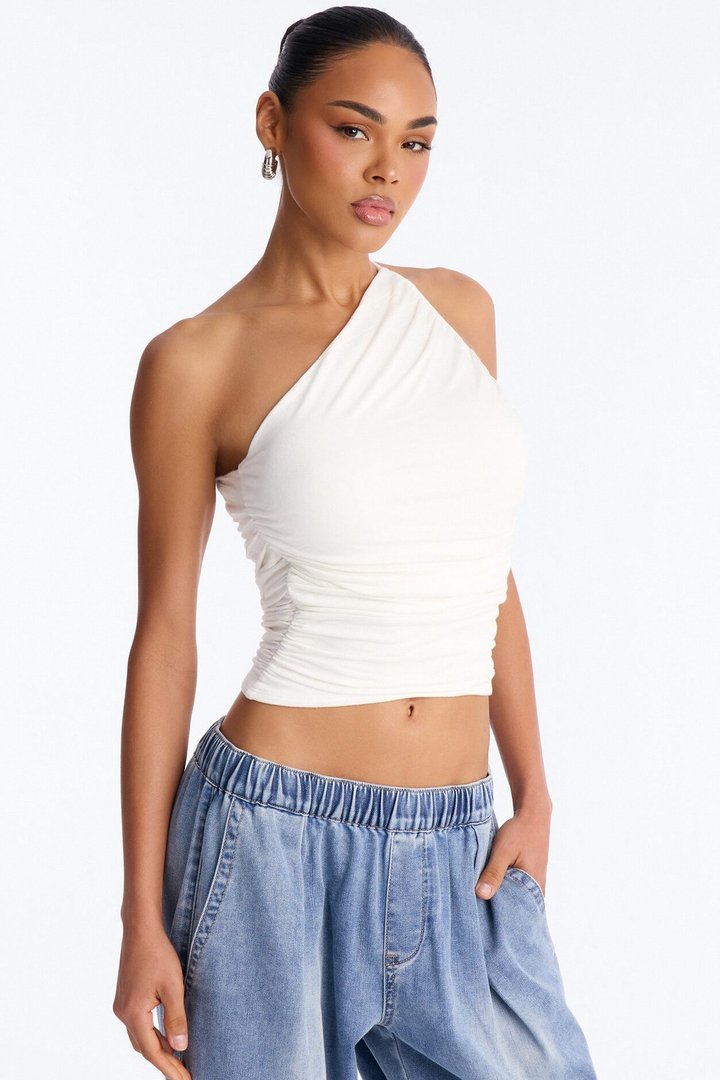 Kehlani One Shoulder Ruched Sleeveless Top - White