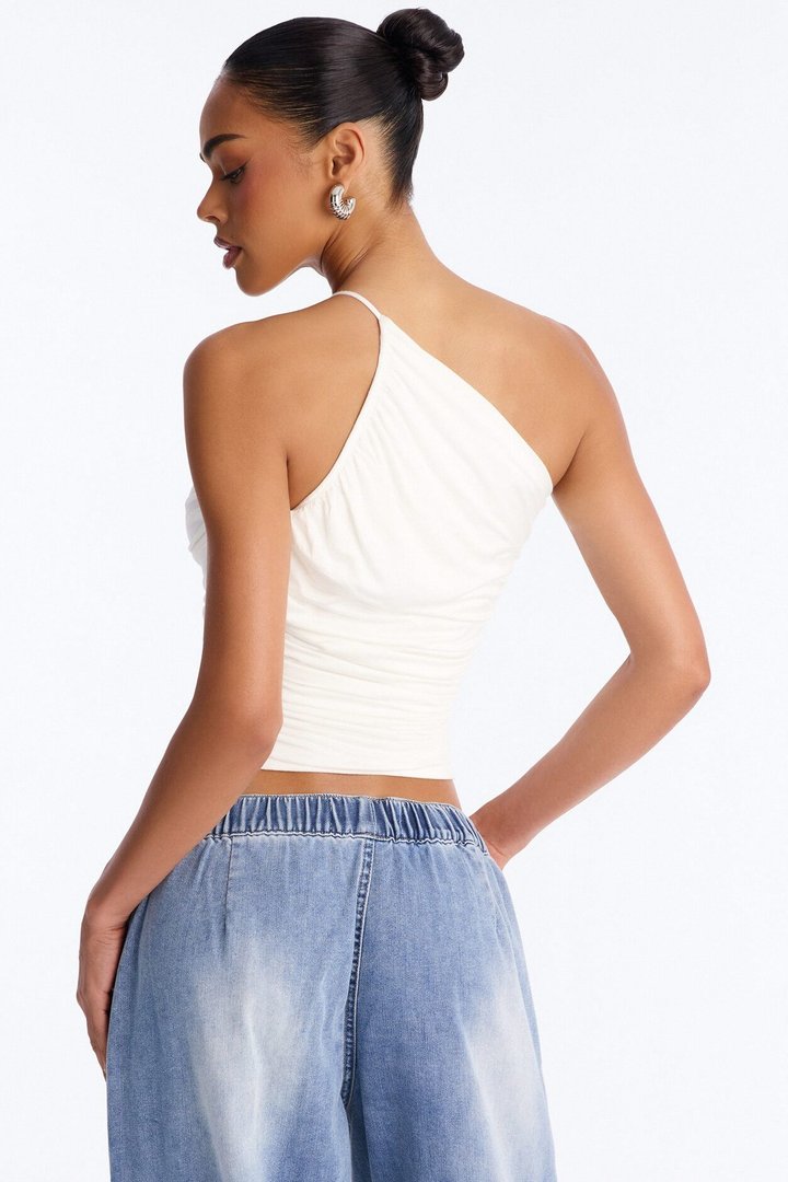 Kehlani One Shoulder Ruched Sleeveless Top - White