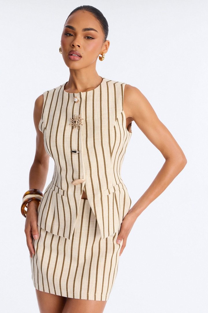 Mina Stripe Vest Mini Skirt Set - Brown Combo