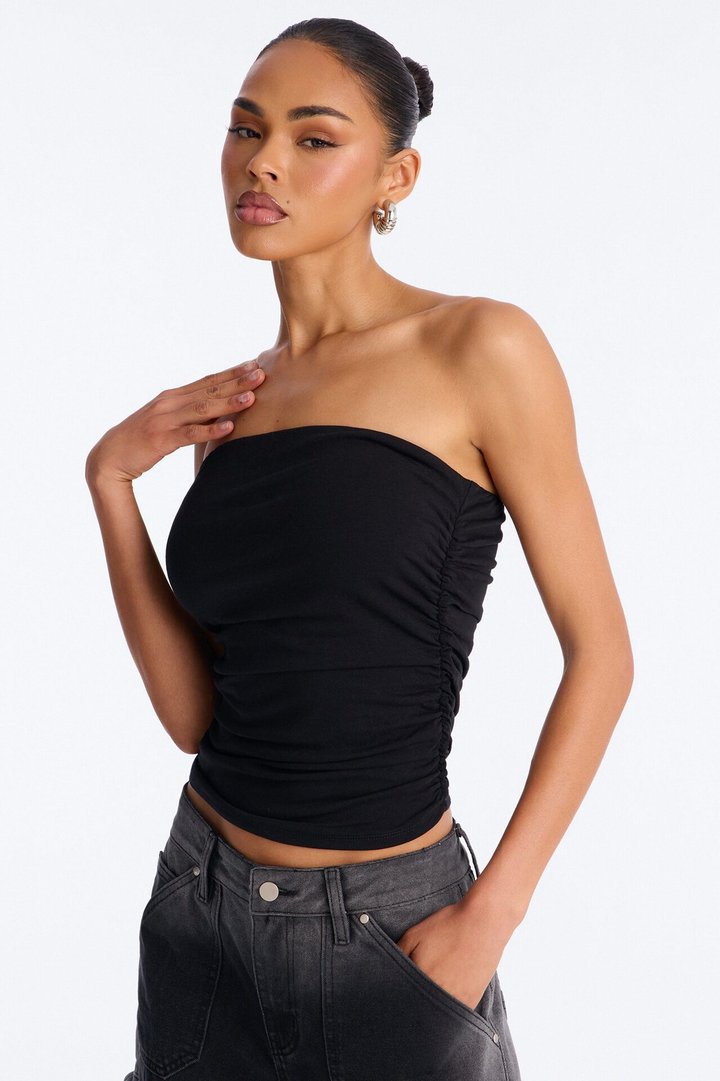 Layla Side Ruched Double Lined Tube Top - Black