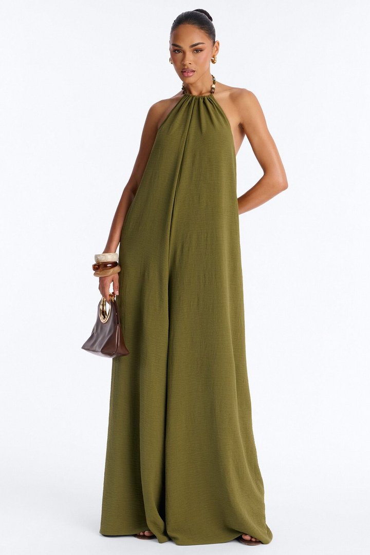 Kalana Beaded Halter Jumpsuit - Olive