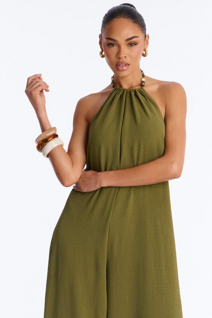 Kalana Beaded Halter Jumpsuit - Olive