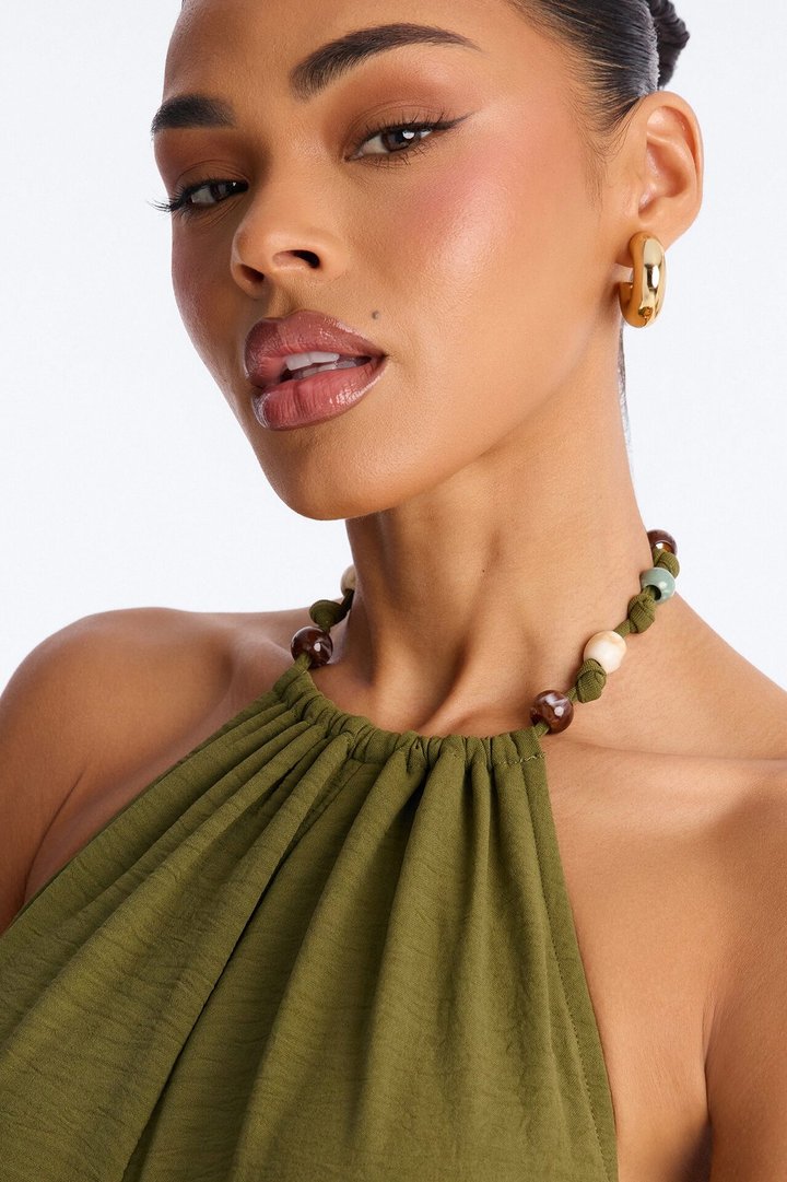 Kalana Beaded Halter Jumpsuit - Olive