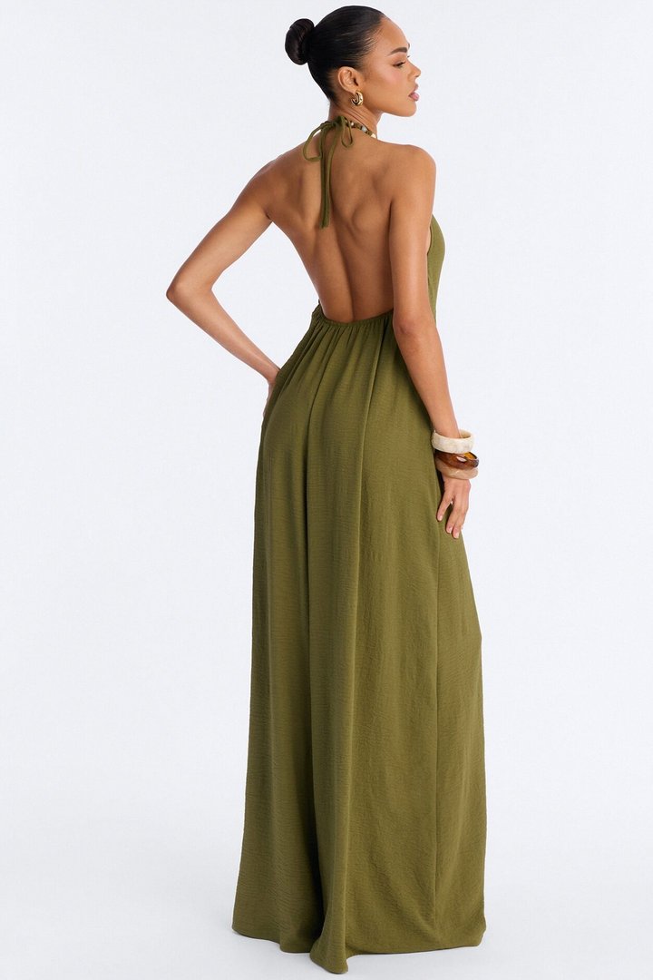 Kalana Beaded Halter Jumpsuit - Olive