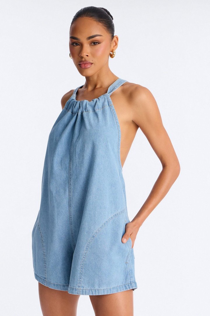 Katya Denim Tie Back Romper - Light Wash