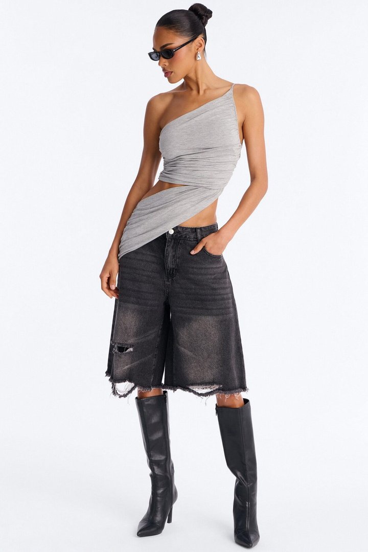 Sierra Ruched One Shoulder Drape Top - Heather Grey