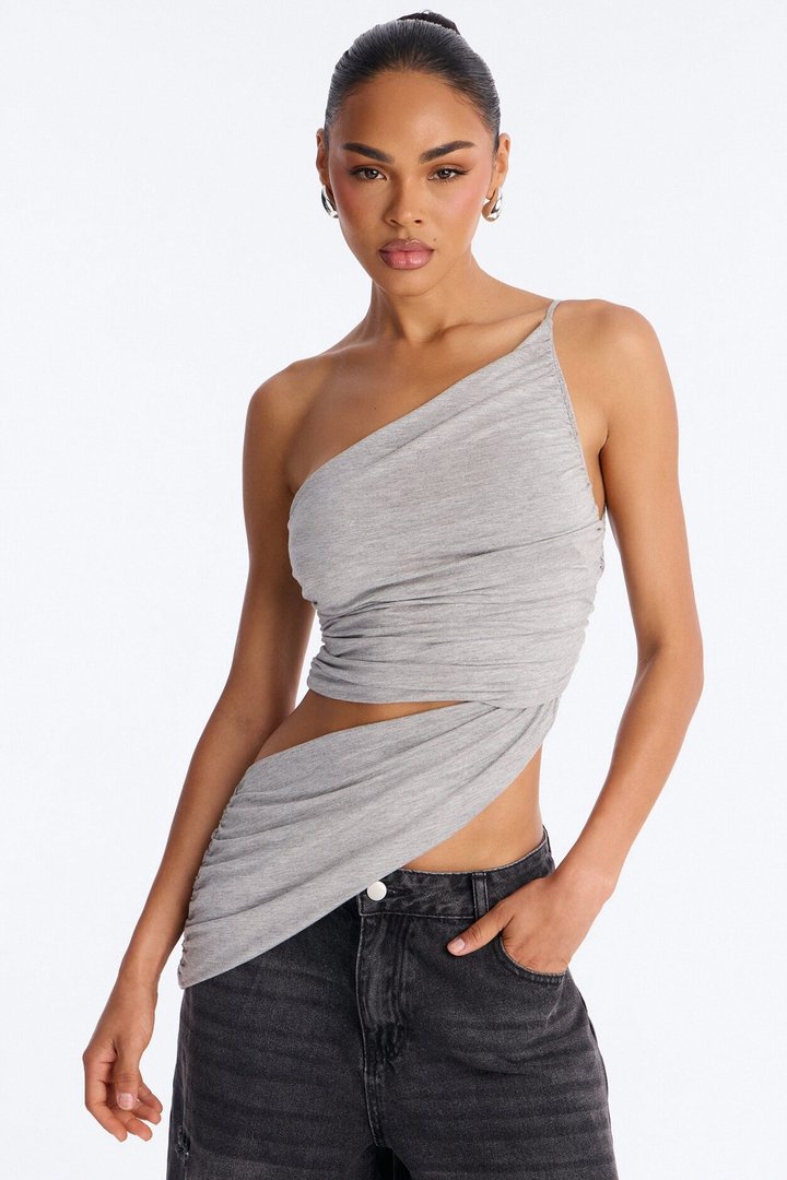 Sierra Ruched One Shoulder Drape Top - Heather Grey