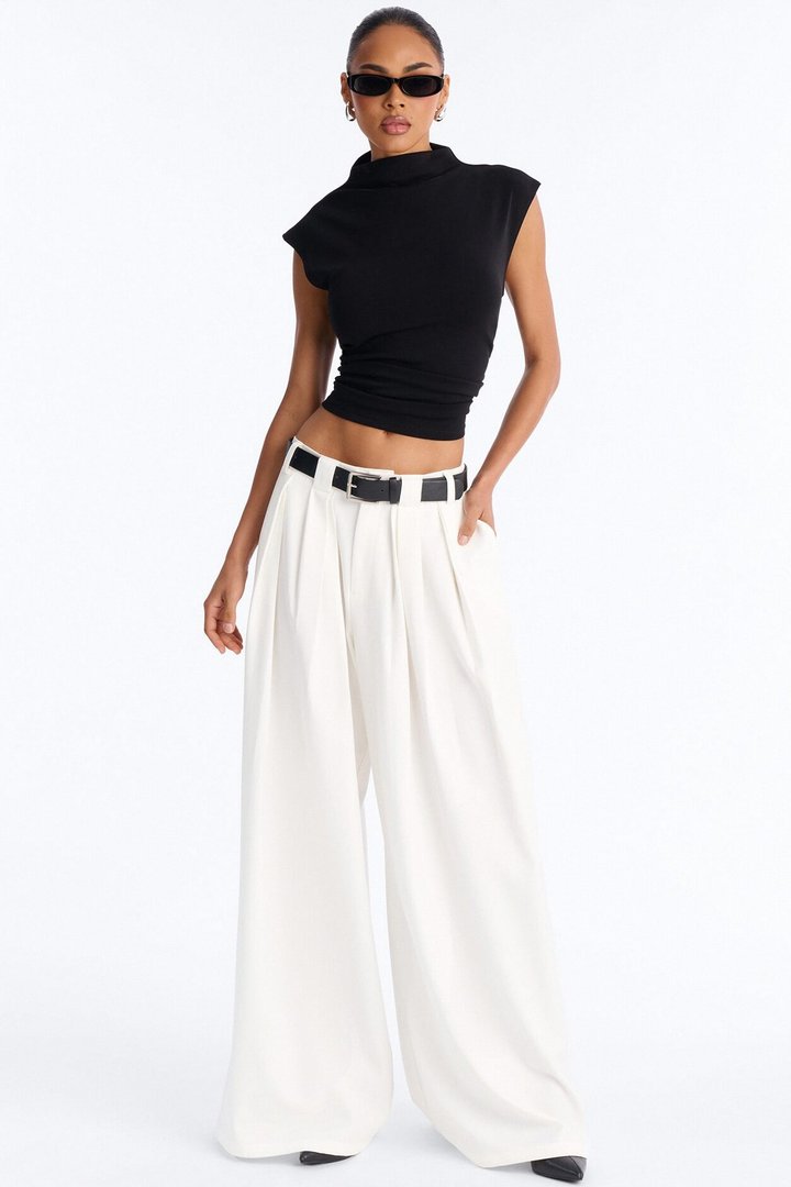No Brainer Belted Wide Leg Pleated Pant - White