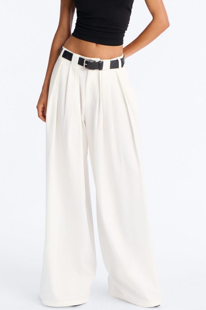 No Brainer Belted Wide Leg Pleated Pant - White