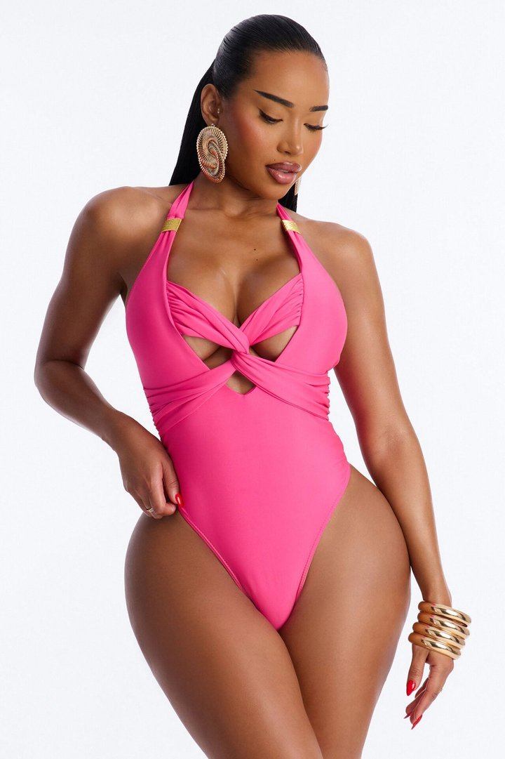 Sand Castle Twisted Cut Out Hardware 1 Piece Swimsuit - Raspberry