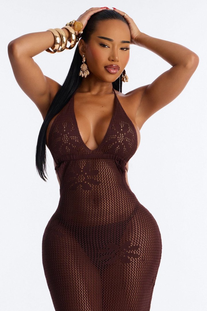 Maren Crochet Swim Cover Up Halter Maxi Dress - Dark Brown
