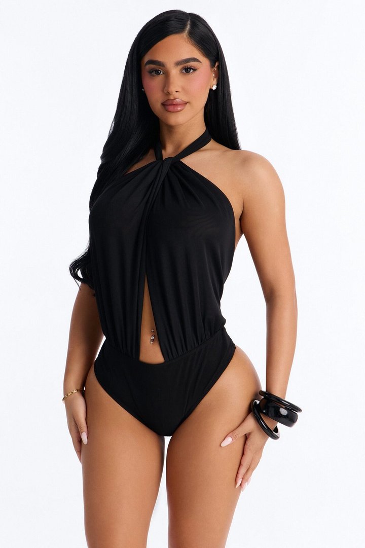 Uncovered Desire Sheer Mesh Backless Halter Bodysuit - Black