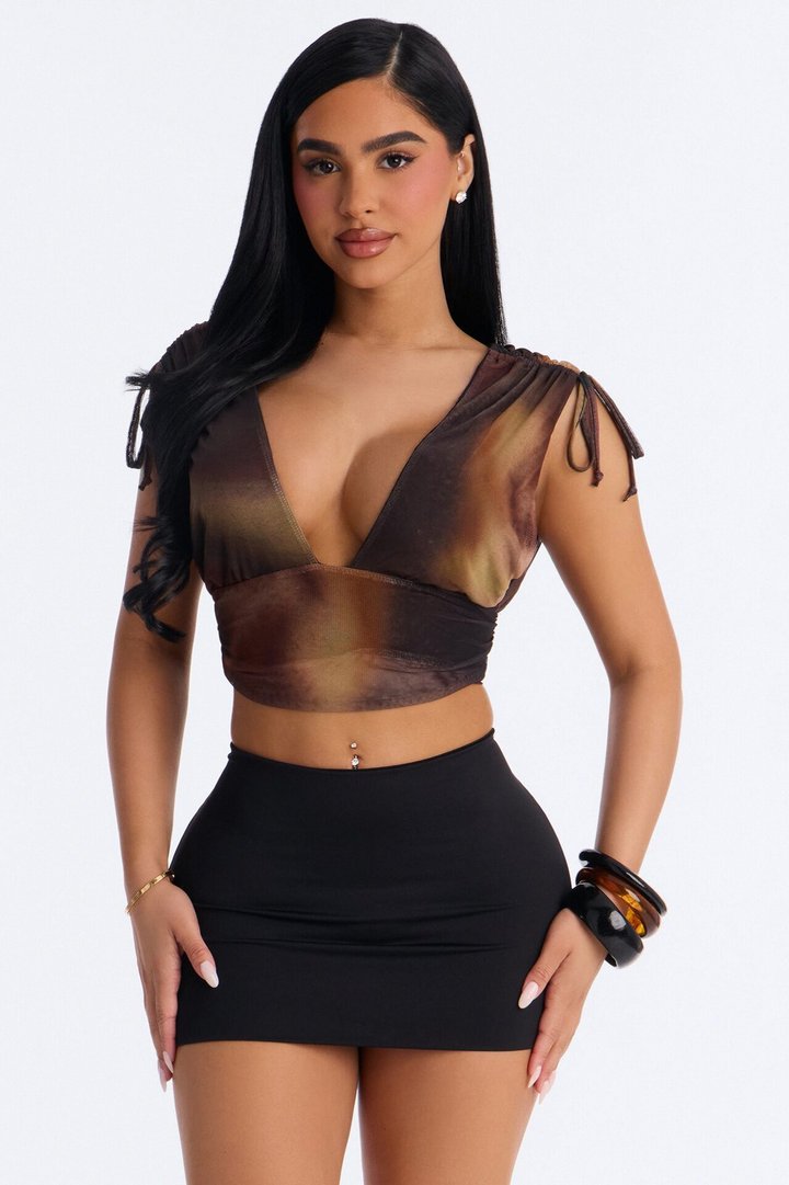 Lori Deep V-Neck Mesh Cropped Top - Brown/combo