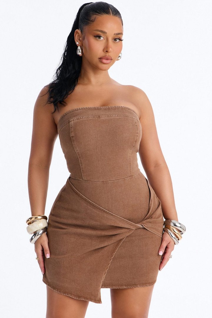 Tillee Strapless Stretch Denim Mini Dress - Brown