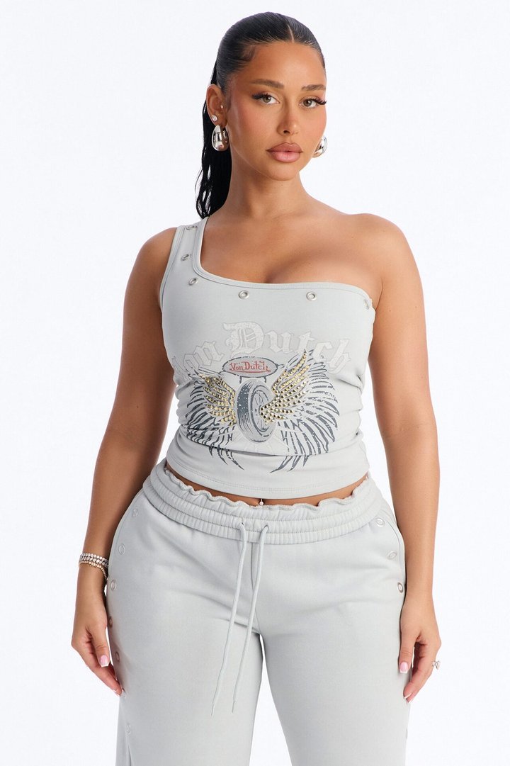 Von Dutch Rocker One Shoulder Studded Tank - Grey