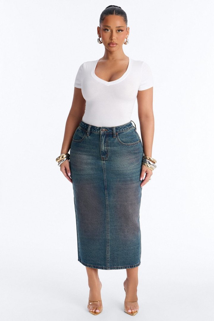 Adri Pink Tinted High Slit Denim Maxi Skirt - Vintage Wash