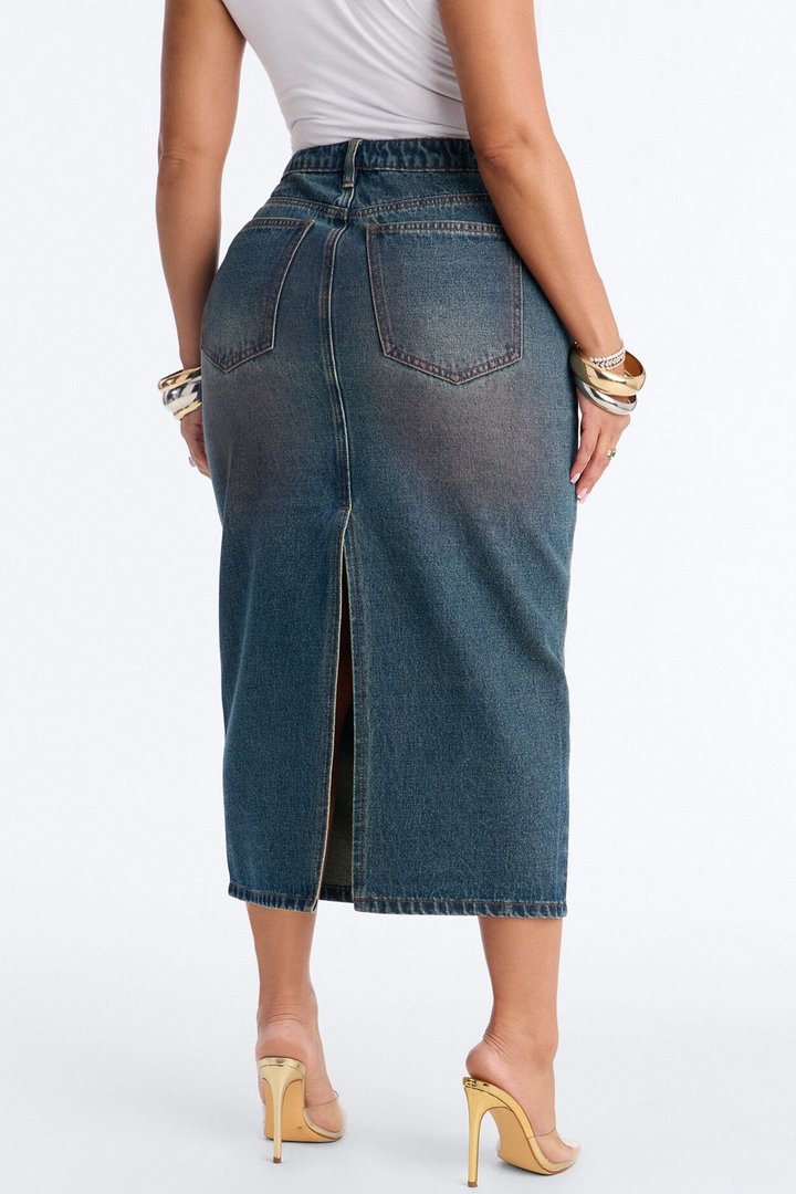 Adri Pink Tinted High Slit Denim Maxi Skirt - Vintage Wash
