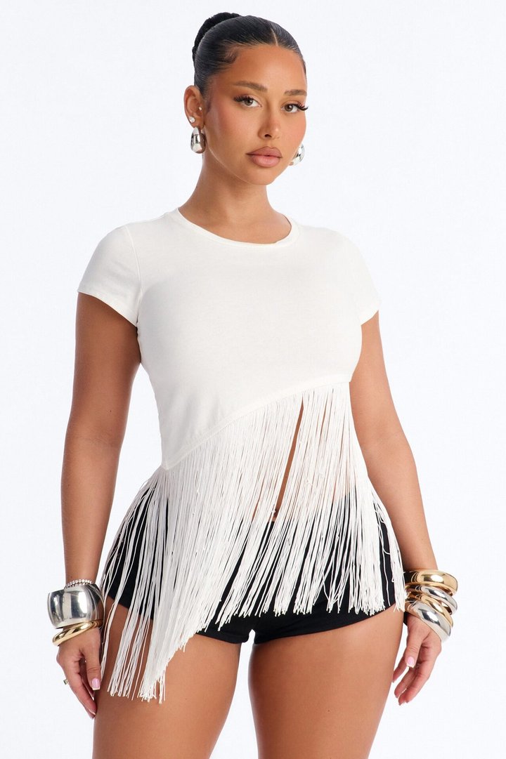 Fringe Me Up Asymmetrical Short Sleeve Top - White