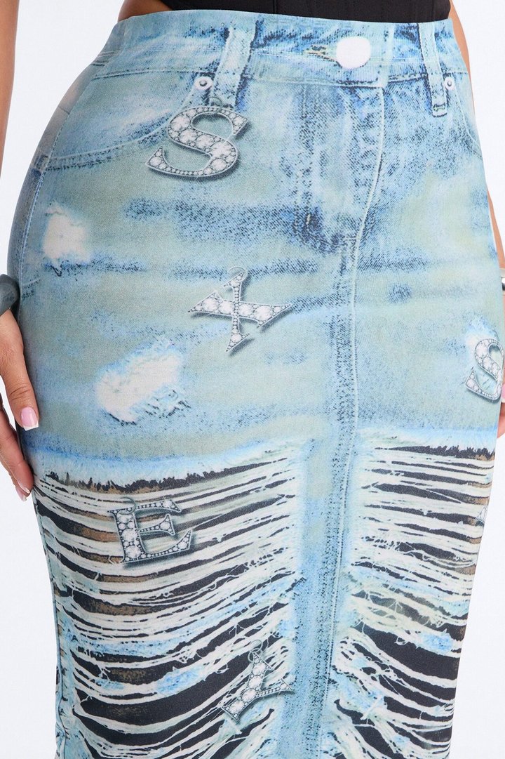 Bling Behavior Printed Knit Ankle Maxi Skirt - Blue/combo