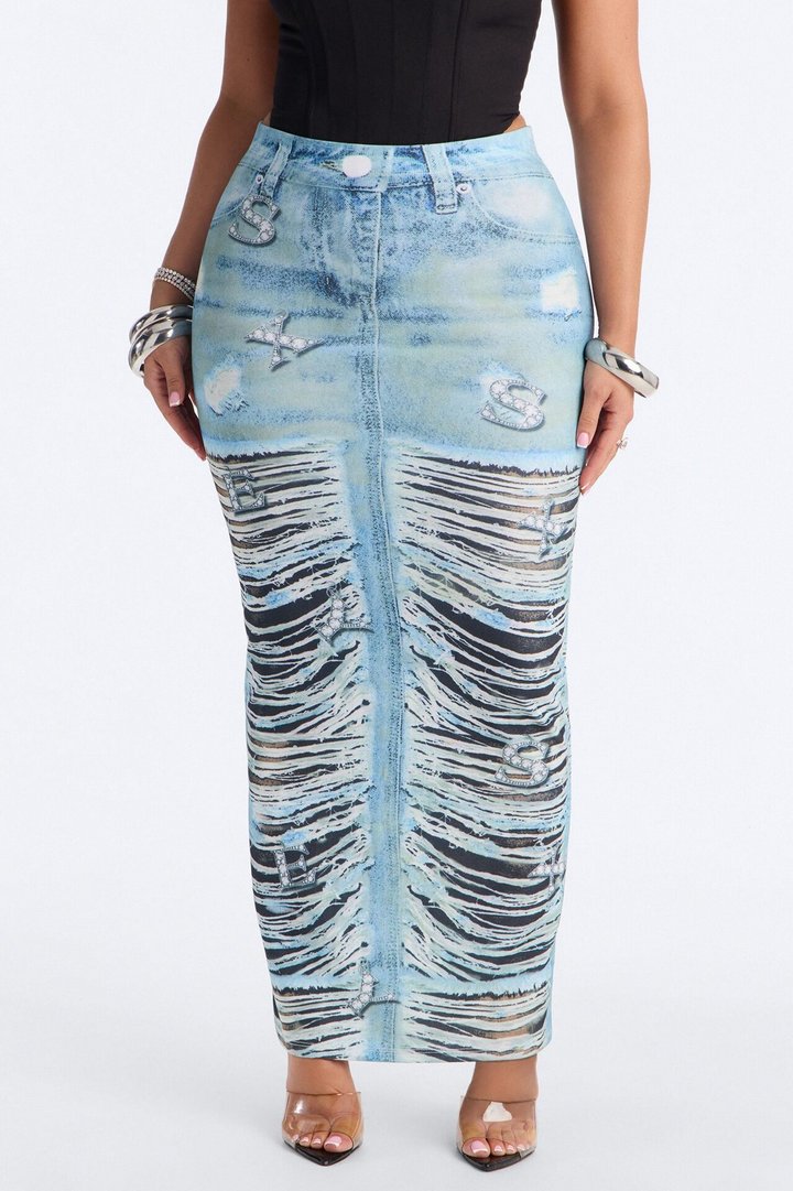 Bling Behavior Printed Knit Ankle Maxi Skirt - Blue/combo
