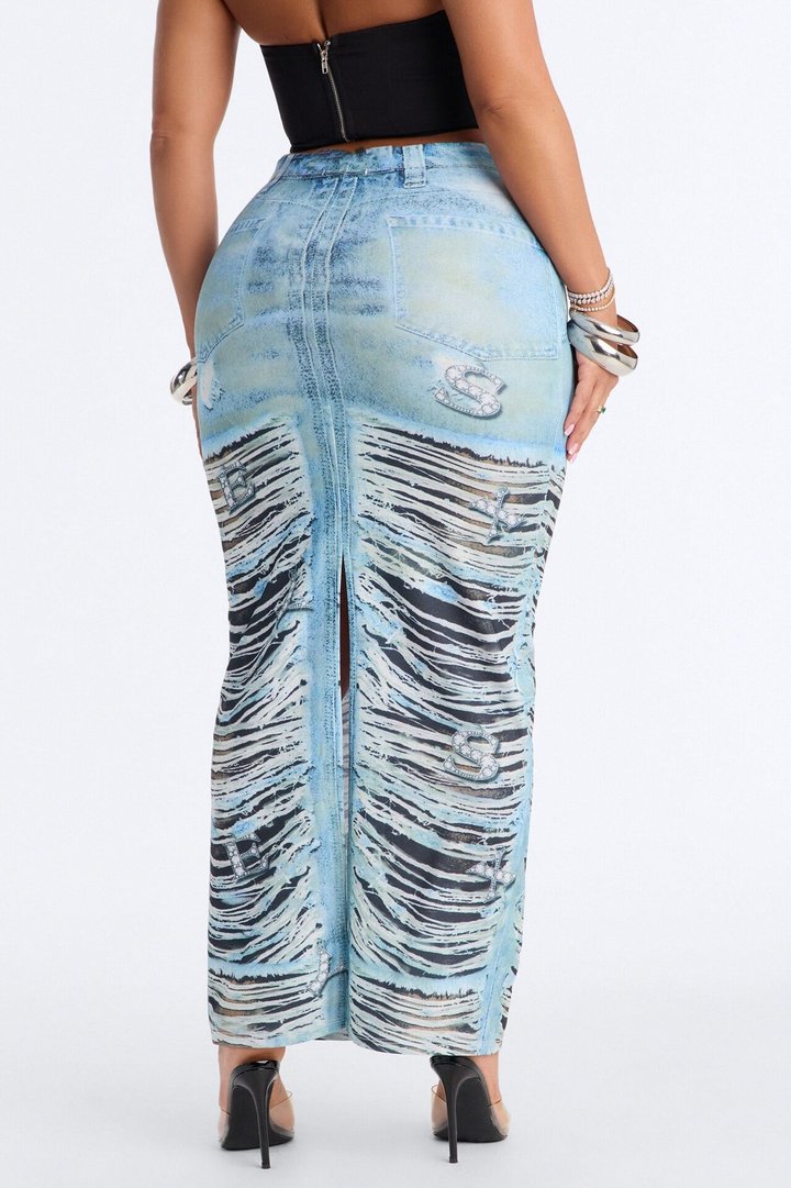 Bling Behavior Printed Knit Ankle Maxi Skirt - Blue/combo