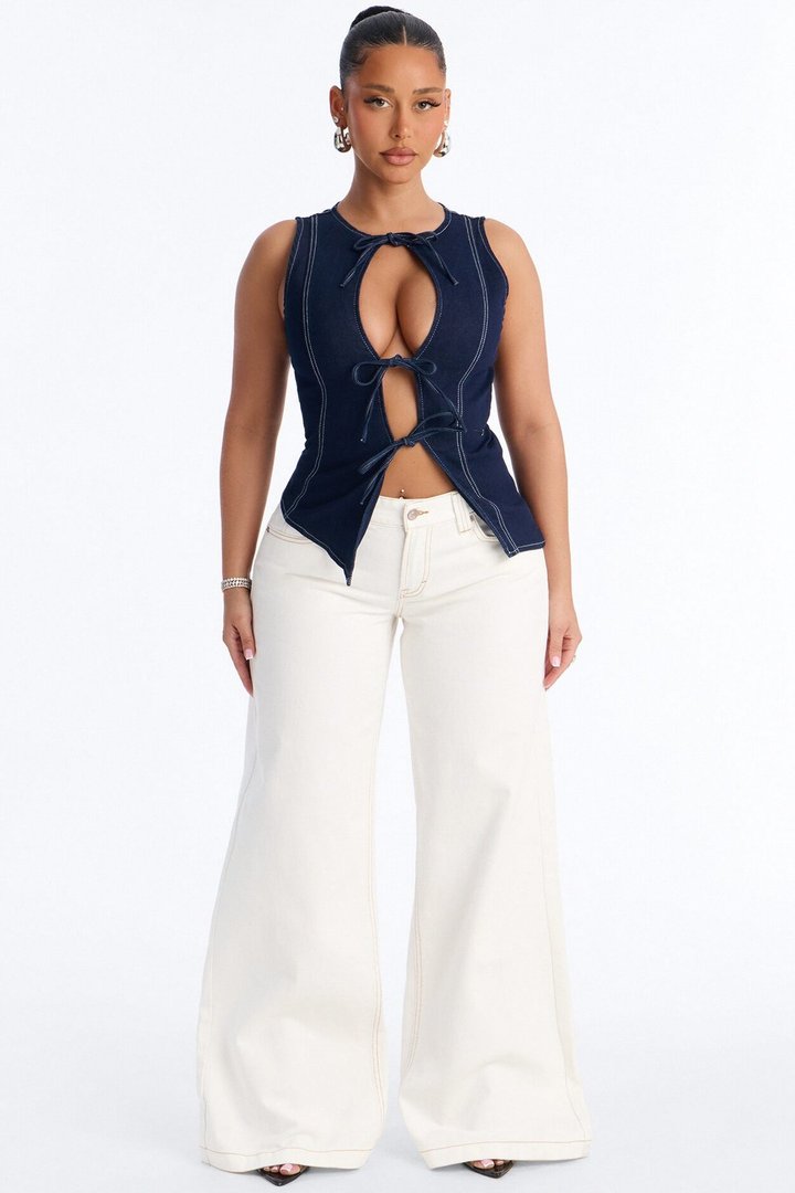 Weekend Glow Strappy Tie Front Denim Top - Dark Wash