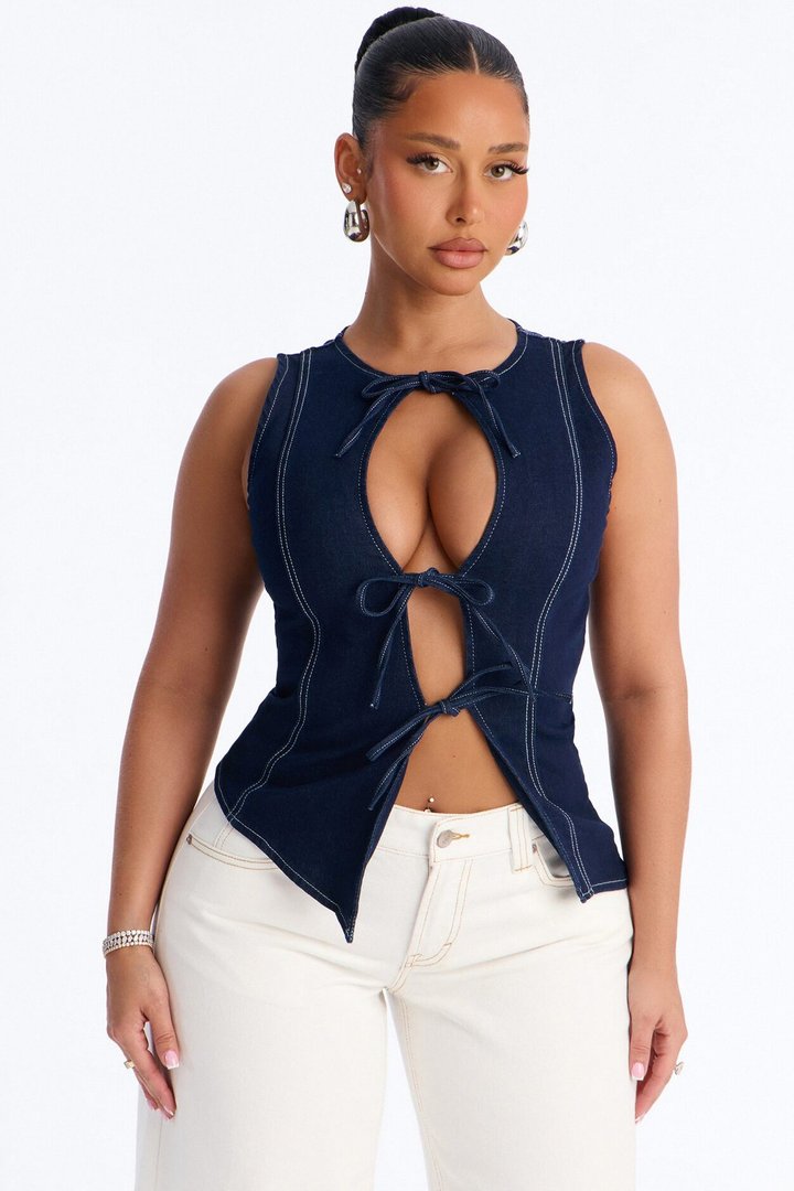 Weekend Glow Strappy Tie Front Denim Top - Dark Wash
