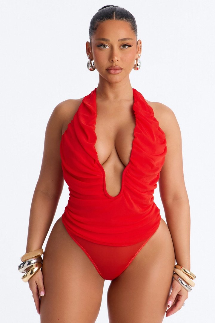 Raye Ruched Deep V Neck Halter Bodysuit - Red