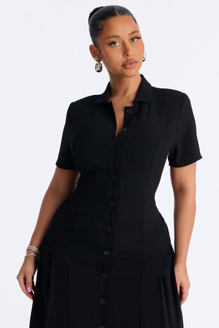 Delaney Button Up Pleated Midi Dress - Black