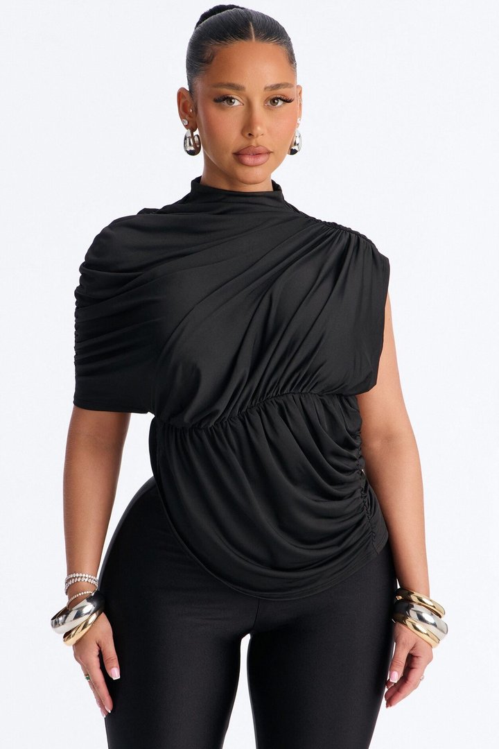Madalyn Mock Neck Ruched Short Sleeve Top - Black
