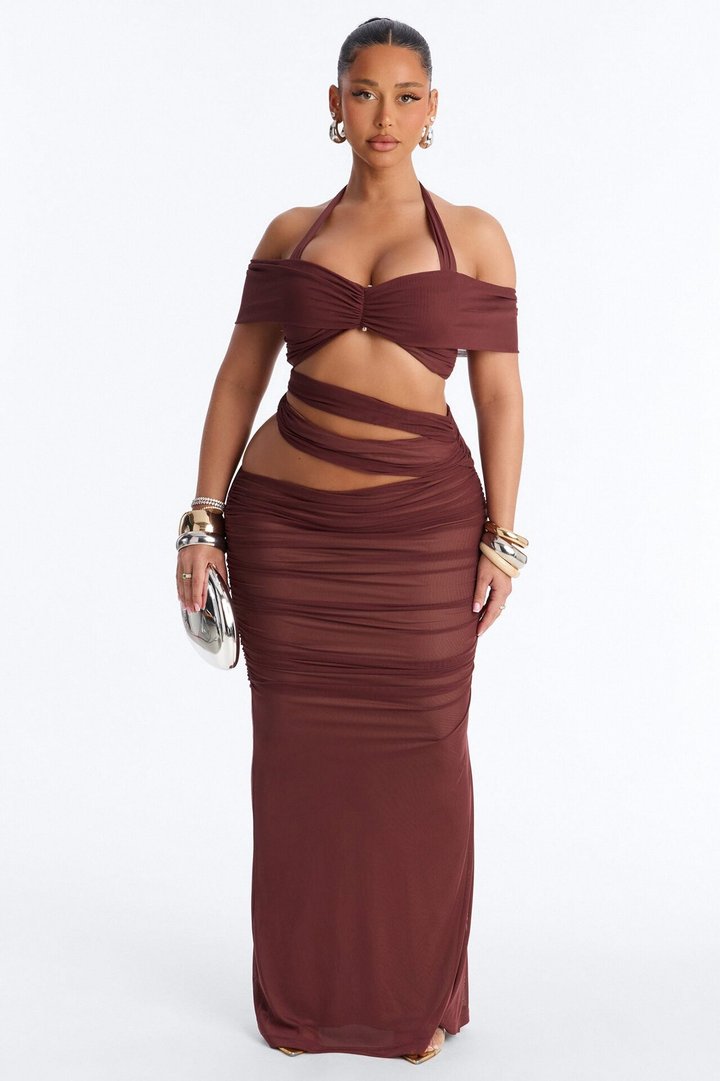 Brooke Mesh Off The Shoulder Cutout Maxi Skirt Set - Burgundy