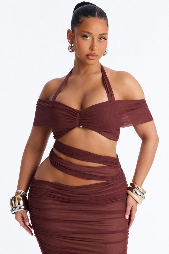 Brooke Mesh Off The Shoulder Cutout Maxi Skirt Set - Burgundy