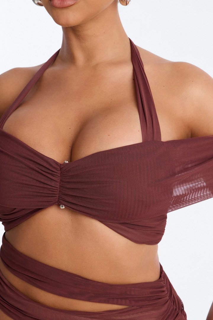 Brooke Mesh Off The Shoulder Cutout Maxi Skirt Set - Burgundy