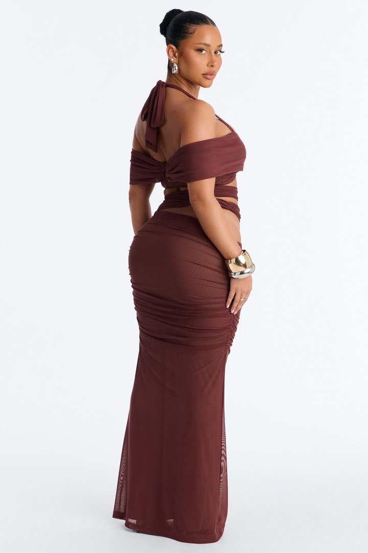 Brooke Mesh Off The Shoulder Cutout Maxi Skirt Set - Burgundy