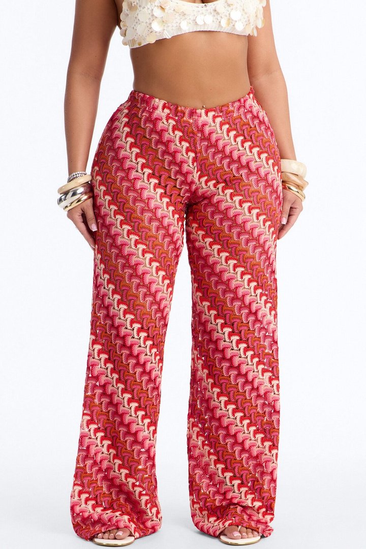 Sunset Seeker Low Rise Crochet Wide Leg Pant - Pink/combo
