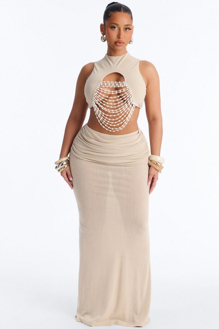 Carolina Pearl Draped Cutout Maxi Skirt Set - Taupe