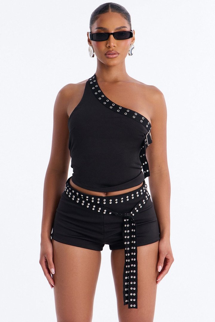 Admit One Studded Grommet Halter Short Set - Black