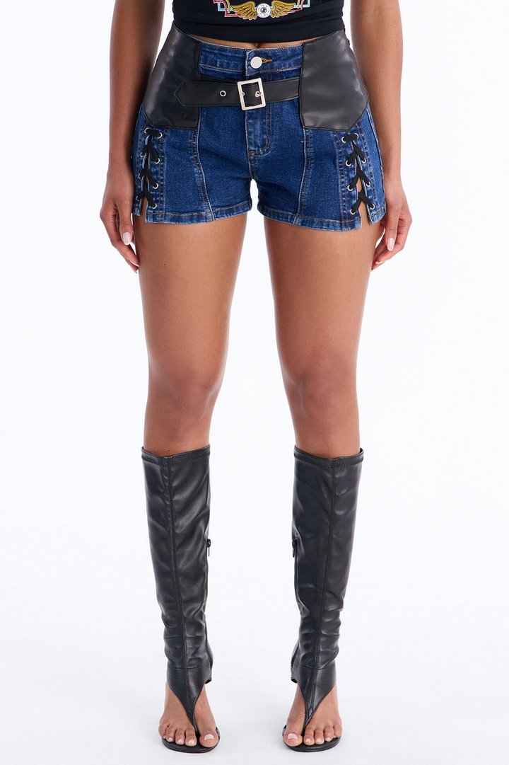 Show Stealer Lace Up Denim Shorts - Dark Wash