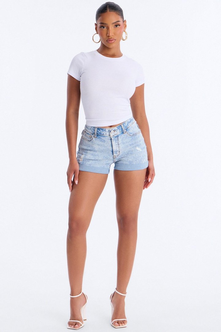 Carmela Cuffed Stretch Denim Shorts - Light Wash