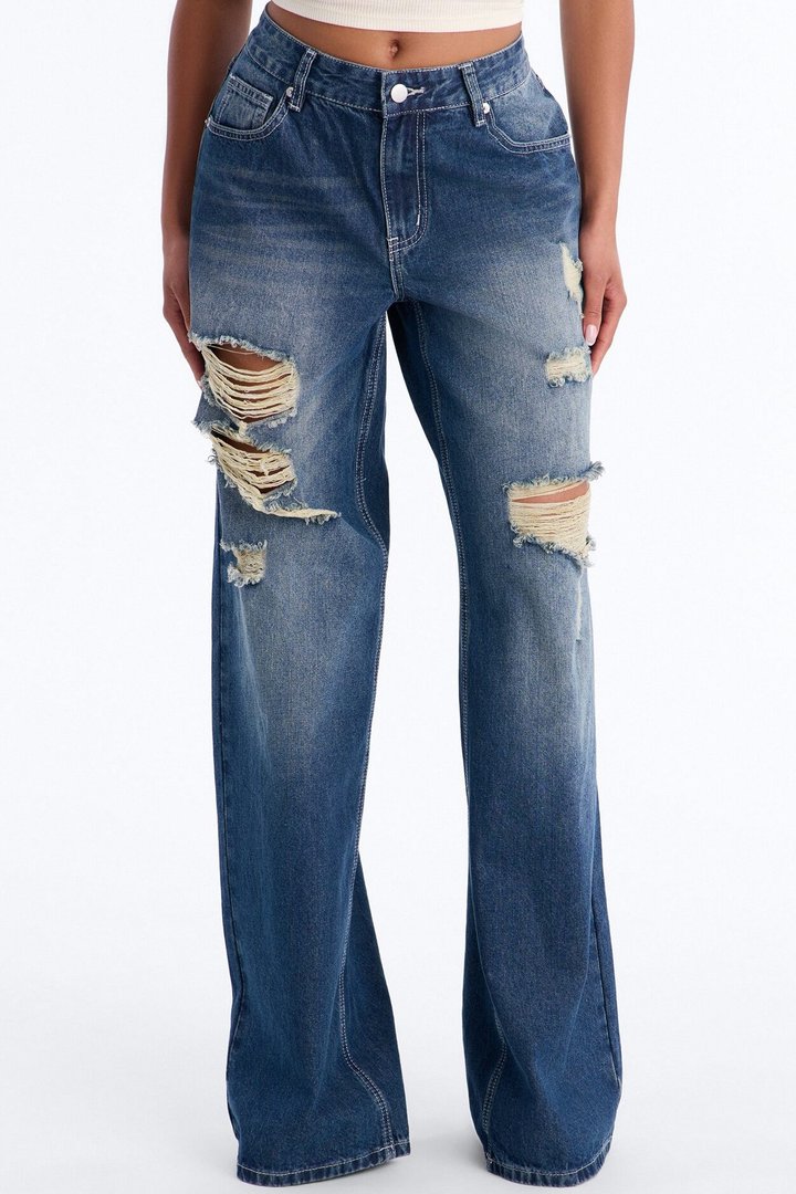 Next Time Ripped Straight Leg Jeans - Dark Wash